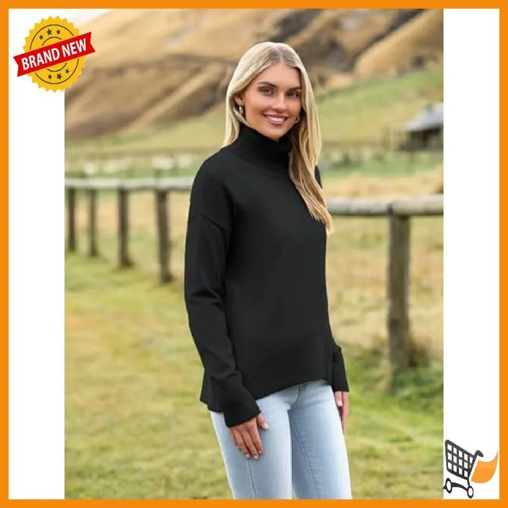 Women's Chunky Knit Turtleneck Sweater Oversized Pullover High Low Hem